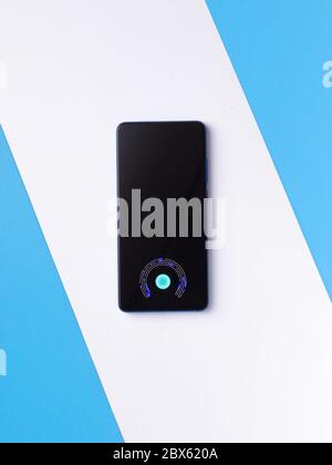 In-display fingerprint sensor of new phone stock image. Stock Photo