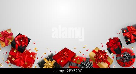 Vector illustration of red, black and golden gift boxes with ribbons, bows and shadows, and small shiny pieces of serpentine on white background Stock Vector