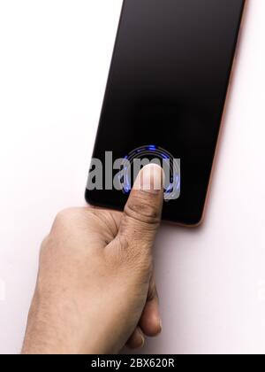 In-display fingerprint sensor of new phone stock image. Stock Photo