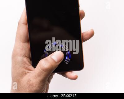In-display fingerprint sensor of new phone stock image. Stock Photo