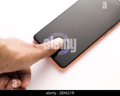 In-display fingerprint sensor of new phone stock image. Stock Photo