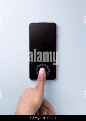 In-display fingerprint sensor of new phone stock image. Stock Photo