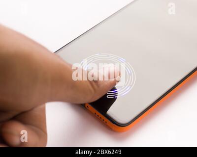 In-display fingerprint sensor of new phone stock image. Stock Photo
