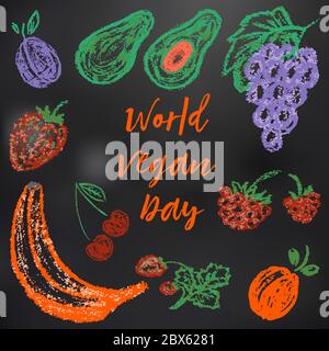 Child drawing with chalk on a black board. World Vegan Day. Plum, avocado, grapes, raspberries, strawberries, cherries, strawberries banana apricots Stock Vector