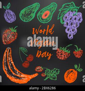 Child drawing with chalk on a black board. World Vegan Day. Plum, avocado, grapes, raspberries, strawberries, cherries, strawberries banana apricots Stock Vector