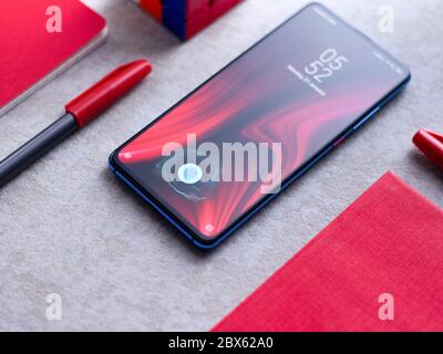 In-display fingerprint sensor of new phone stock image. Stock Photo