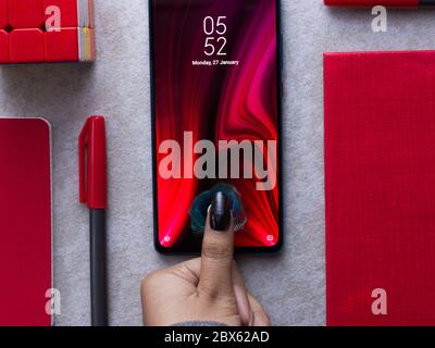 In-display fingerprint sensor of new phone stock image. Stock Photo