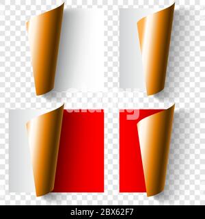 Set of realistic curled paper corners in white, red and golden colors with shadows Stock Vector