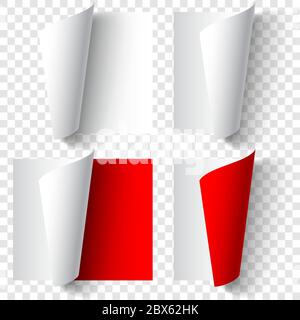 Set of realistic curled paper corners in white and red colors with shadows Stock Vector