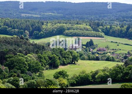 The view from Newlands Corner near Guildford looking towards Albury village in the Surrey Hills England UK Stock Photo