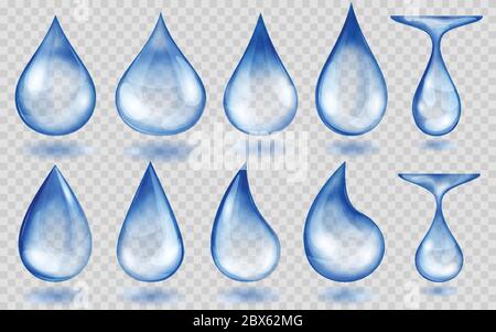 Set of translucent water drops in blue colors in various shapes, isolated on transparent background. Transparency only in vector format Stock Vector