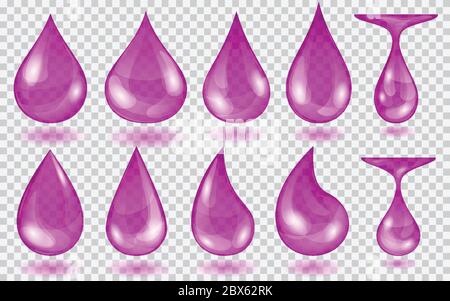 Set of translucent water drops in purple colors in various shapes, isolated on transparent background. Transparency only in vector format Stock Vector