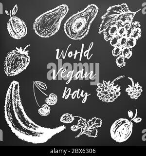 Children's drawing of white chalk on a black board. World Vegan Day. Plum, avocado, grapes, raspberries, strawberries, cherries, strawberries, banana Stock Vector