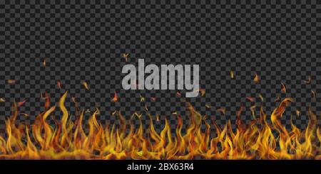 Translucent fire flames and sparks with horizontal repetition on transparent background. For used on dark illustrations. Transparency only in vector f Stock Vector