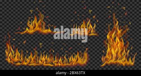 Set of translucent horizontal fire flames on transparent background ...