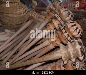 molinillo wooden whisks for making Mexican hot chocolate Stock Photo