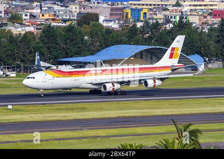 Quito, Ecuador June 16, 2011: Iberia Airbus A340-300 airplane at Quito airport UIO in Ecuador. Airbus is a European aircraft manufacturer based in Tou Stock Photo