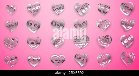Set of shiny silver heart symbols with curls, glares and shadows on pink background Stock Vector