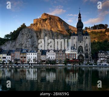 Collegiate church and Citadel on the River Meuse, Dinant, Namur, Belgium Stock Photo