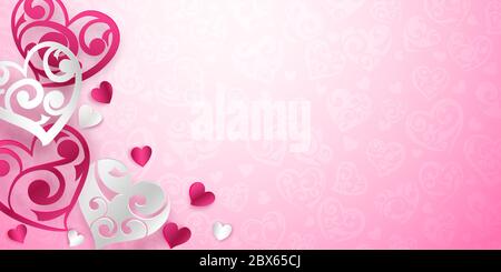 Valentine's day card with red and white hearts with curls and shadows on pink background Stock Vector