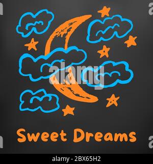 Cute children's drawing. Colored wax crayons on black background. Icons, signs, symbols, pins. Moon, clouds, stars Sweet Dreams Stock Vector