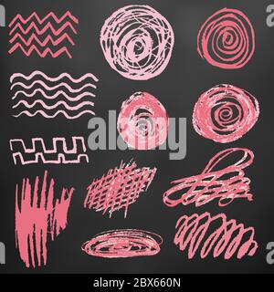 Cute children's drawing. Colored wax crayons on black background. Icons. Doodle, sketch, outline. Scribble Stock Vector