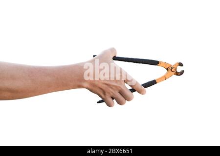 Old rusty pliers in hand isolated on a white background. with clipping path. Stock Photo