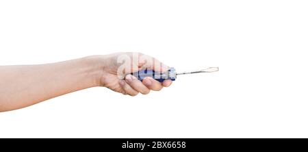 Male hand holding screwdriver isolated on white background with clipping path. Stock Photo