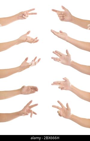 Collection of human hands in multiple gesture isolated on white background with clipping path. Stock Photo