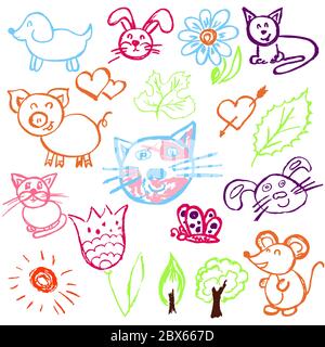 Cute children's drawing. Colored wax crayons. Icons, signs, symbols, pins. Cats, hares flowers trees pig mouse Stock Vector