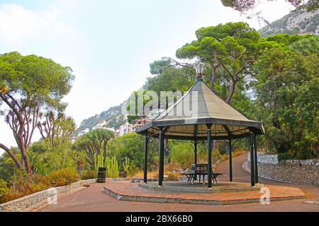 Pagoda the park with Canary Islands Dragon Tree & other plants inside the La Alameda botanical Gardens, Gibraltar, British overseas territory. Stock Photo