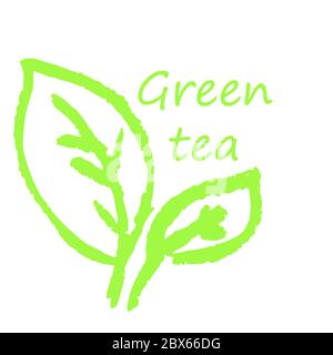 Cute children's drawing. Colored wax crayons. Icons, signs, symbols, pins. Elements for design Green tea Stock Vector