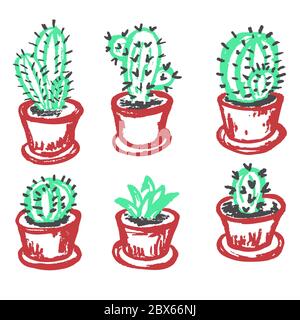 Cute children's drawing. Colored wax crayons. Icons, signs, symbols, pins Home plants Cactus Stock Vector