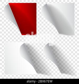 Set of realistic curled paper corners in white and red colors with shadows Stock Vector