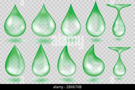Set of translucent water drops in green colors in various shapes, isolated on transparent background. Transparency only in vector format Stock Vector