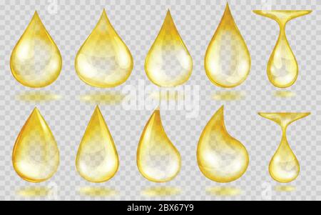 Set of translucent water or oil drops in yellow colors in various shapes, isolated on transparent background. Transparency only in vector format Stock Vector