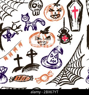 Halloween. Vector Seamless pattern. Collection of festive elements. Autumn holidays. Pumpkin, cobweb, skull, coffin, tree, bat, cemetery, candy, spide Stock Vector