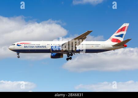 London, United Kingdom - August 1, 2018: British Airways Boeing 767-300ER airplane at London Heathrow airport (LHR) in the United Kingdom. Stock Photo