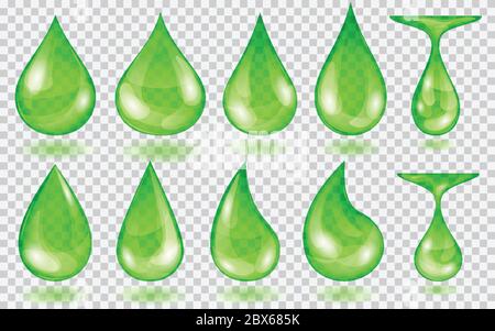 Set of translucent water drops in green colors in various shapes, isolated on transparent background. Transparency only in vector format Stock Vector