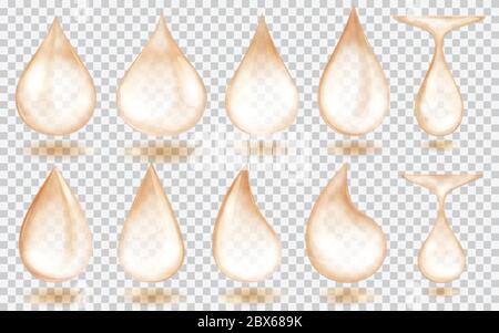 Set of translucent water drops in beige colors in various shapes, isolated on transparent background. Transparency only in vector format Stock Vector