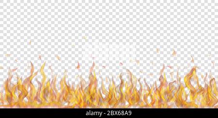 Translucent fire flames and sparks with horizontal repetition on transparent background. For used on light illustrations. Transparency only in vector Stock Vector