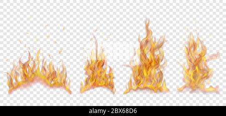 Set of translucent horizontal fire flames on transparent background ...