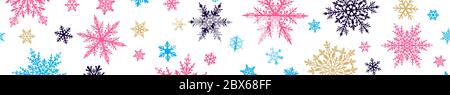 Christmas banner of complex big and small multicolored snowflakes on white background. With horizontal repetition Stock Vector