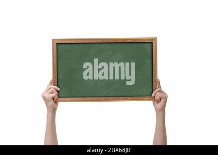 Hand holding a small green board isolated on white background. with clipping path. Stock Photo