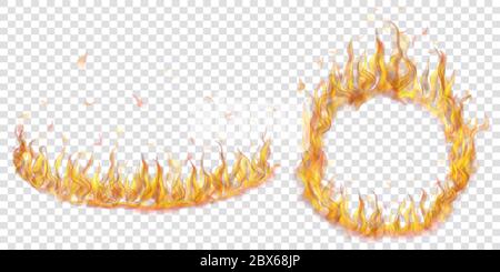 Set of translucent fire flames in the shape of an arc and a circle on transparent background. For used on light illustrations. Transparency only in ve Stock Vector