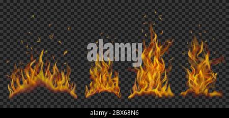 Set of translucent horizontal fire flames on transparent background ...