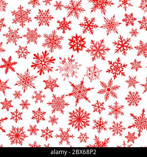 Christmas seamless pattern of complex small snowflakes in red colors on white background Stock Vector