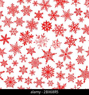 Christmas seamless pattern of complex small snowflakes in red colors on white background Stock Vector