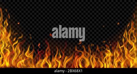 Translucent fire flames and sparks on transparent background. For used on dark illustrations. Transparency only in vector format Stock Vector
