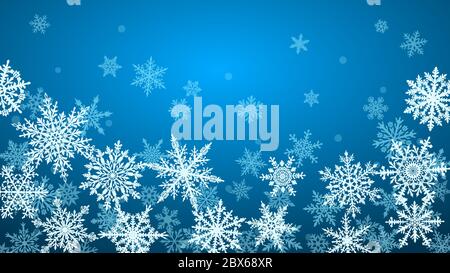 Christmas background with various complex big and small snowflakes in blue colors Stock Vector